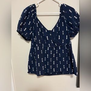 Madewell Jacquard Puff Sleeve Navy Top